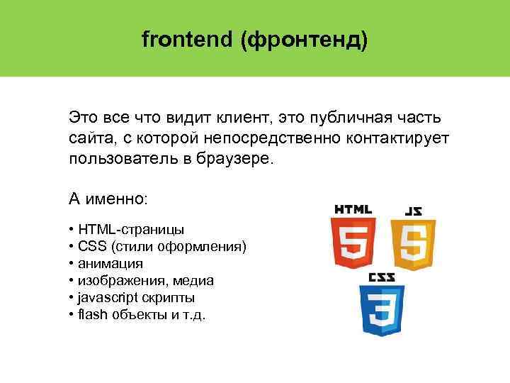 frontend (фронтенд) Это все что видит клиент, это публичная часть сайта, с которой непосредственно