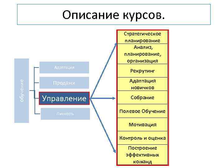 Описание курсов. Стратегическое планирование Анализ, планирование, организация обучение Адаптация Рекрутинг Продажи Адаптация новичков Управление