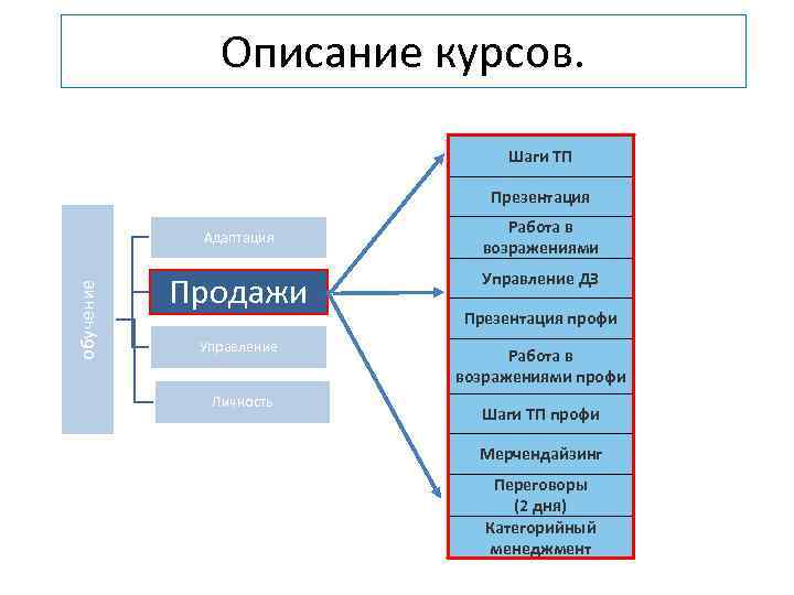 Описание курсов. Шаги ТП Презентация обучение Адаптация Продажи Управление Личность Работа в возражениями Управление