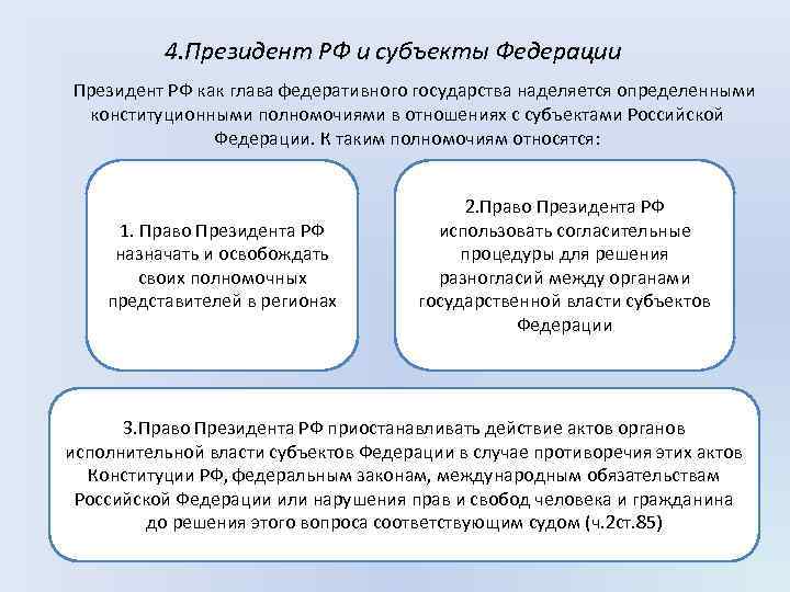 4. Президент РФ и субъекты Федерации Президент РФ как глава федеративного государства наделяется определенными