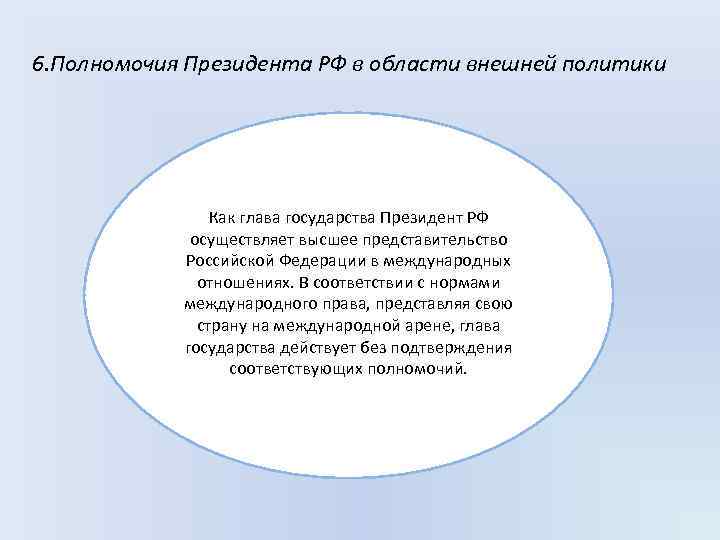 6. Полномочия Президента РФ в области внешней политики Как глава государства Президент РФ осуществляет