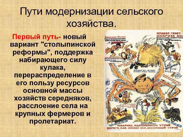 Пути модернизации сельского хозяйства. Первый путь- новый вариант "столыпинской реформы", поддержка набирающего силу кулака,