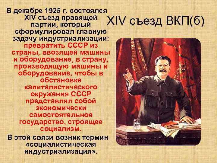 В декабре 1925 г. состоялся XIV съезд правящей партии, который сформулировал главную задачу индустриализации: