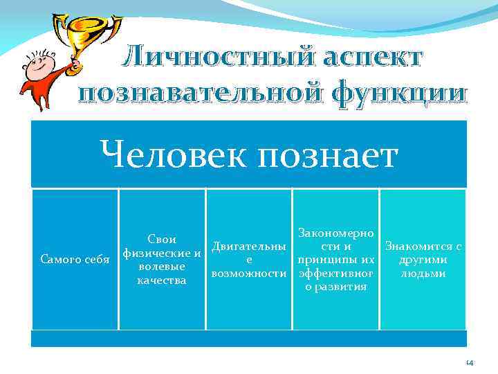 Личностный аспект познавательной функции Человек познает Самого себя Закономерно Свои Двигательны сти и Знакомится