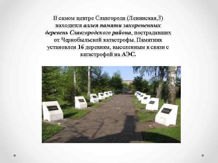 В самом центре Славгорода (Ленинская, 3) находится аллея памяти захороненных деревень Славгородского района, пострадавших