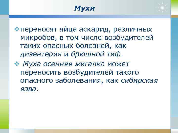 Мухи v переносят яйца аскарид, различных микробов, в том числе возбудителей таких опасных болезней,