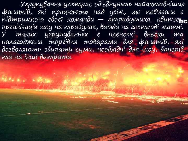 Угрупування ультрас об'єднують найактивніших фанатів, які працюють над усім, що пов'язане з підтримкою своєї
