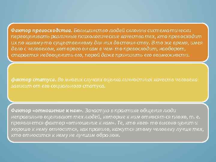 Фактор превосходства. Большинство людей склонны система тически переоценивать различные психологические качества тех, кто превосходит