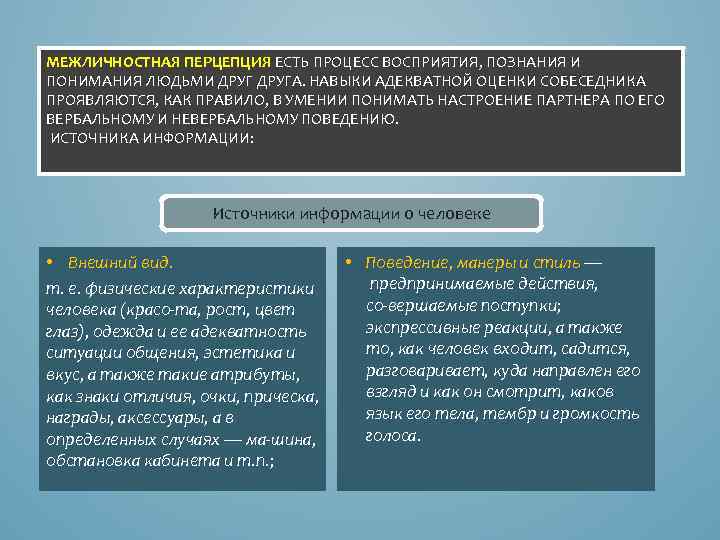 МЕЖЛИЧНОСТНАЯ ПЕРЦЕПЦИЯ ЕСТЬ ПРОЦЕСС ВОСПРИЯТИЯ, ПОЗНАНИЯ И ПОНИМАНИЯ ЛЮДЬМИ ДРУГА. НАВЫКИ АДЕКВАТНОЙ ОЦЕНКИ СОБЕСЕДНИКА