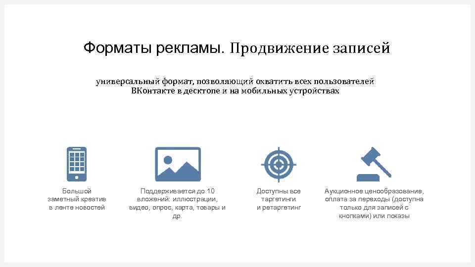 Форматы рекламы. Продвижение записей универсальный формат, позволяющий охватить всех пользователей ВКонтакте в десктопе и