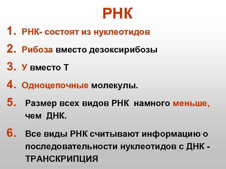 РНК 1. РНК- состоят из нуклеотидов 2. Рибоза вместо дезоксирибозы 3. У вместо Т