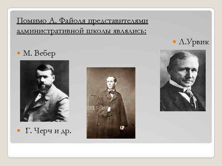 Помимо А. Файоля представителями административной школы являлись: М. Вебер Г. Черч и др. Л.