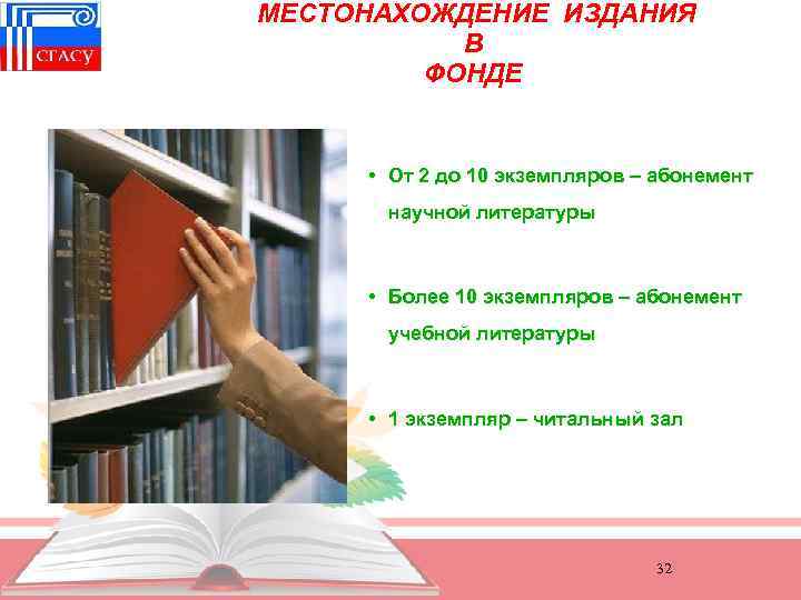 МЕСТОНАХОЖДЕНИЕ ИЗДАНИЯ В ФОНДЕ • От 2 до 10 экземпляров – абонемент научной литературы