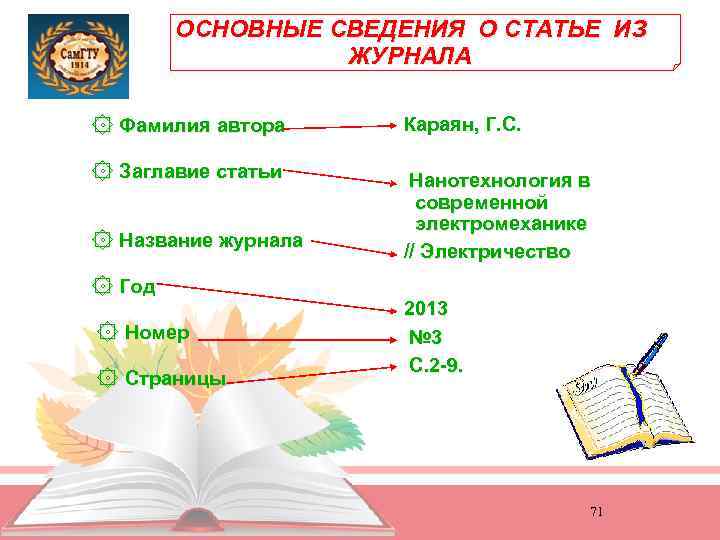 ОСНОВНЫЕ СВЕДЕНИЯ О СТАТЬЕ ИЗ ЖУРНАЛА Фамилия автора Караян, Г. С. Заглавие статьи Нанотехнология