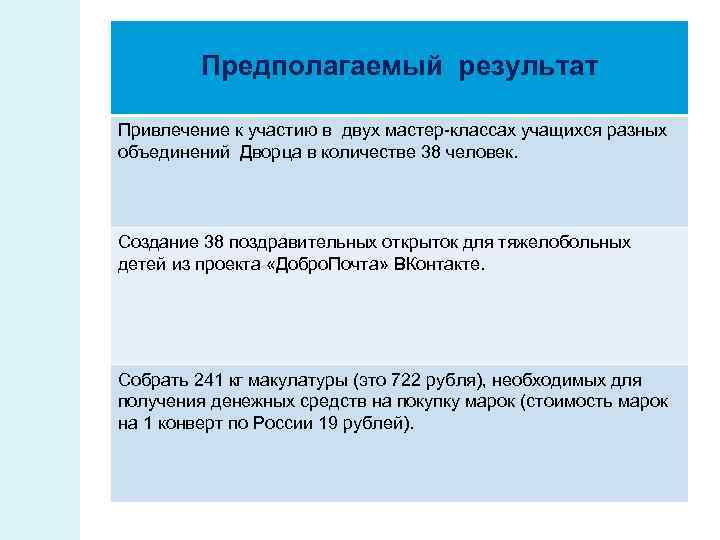 Предполагаемый результат Привлечение к участию в двух мастер-классах учащихся разных объединений Дворца в количестве