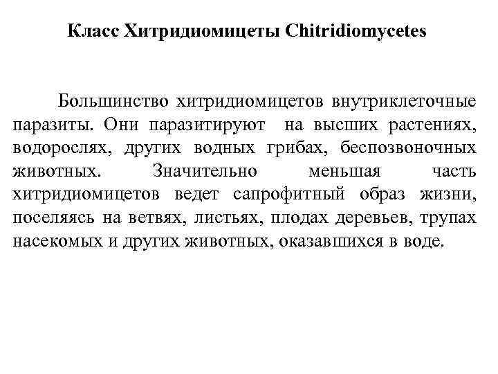 Класс Хитридиомицеты Chitridiomycetes Большинство хитридиомицетов внутриклеточные паразиты. Они паразитируют на высших растениях, водорослях, других