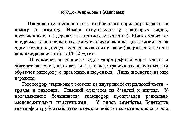 Порядок Агариковые (Agaricales) Плодовое тело большинства грибов этого порядка разделено на ножку и шляпку.