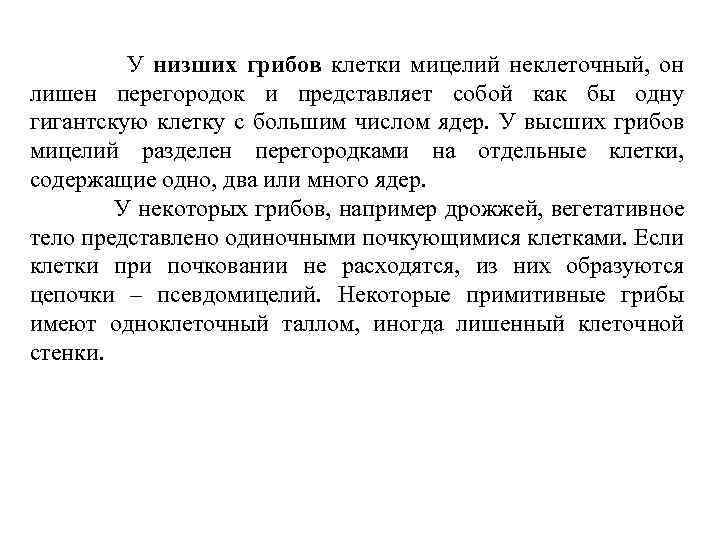 У низших грибов клетки мицелий неклеточный, он лишен перегородок и представляет собой как бы