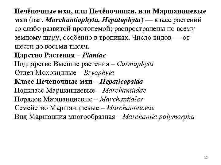 Печёночные мхи, или Печёночники, или Маршанциевые мхи (лат. Marchantiophyta, Hepatophyta) — класс растений со