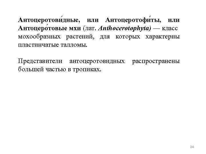 Антоцеротови дные, или Антоцеротофи ты, или Антоцеро товые мхи (лат. Anthocerotophyta) — класс мохообразных