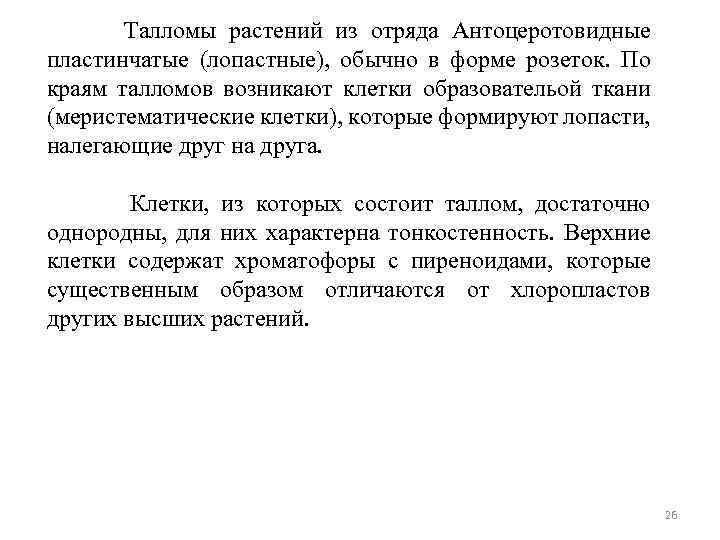 Талломы растений из отряда Антоцеротовидные пластинчатые (лопастные), обычно в форме розеток. По краям талломов