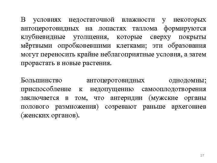 В условиях недостаточной влажности у некоторых антоцеротовидных на лопастях таллома формируются клубневидные утолщения, которые