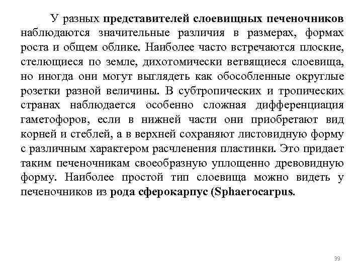 У разных представителей слоевищных печеночников наблюдаются значительные различия в размерах, формах роста и общем