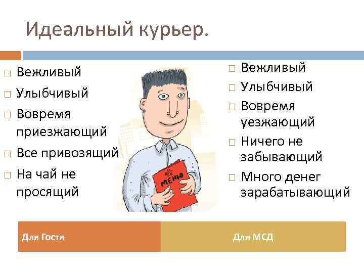 Идеальный курьер. Вежливый Улыбчивый Вовремя приезжающий Все привозящий На чай не просящий Для Гостя