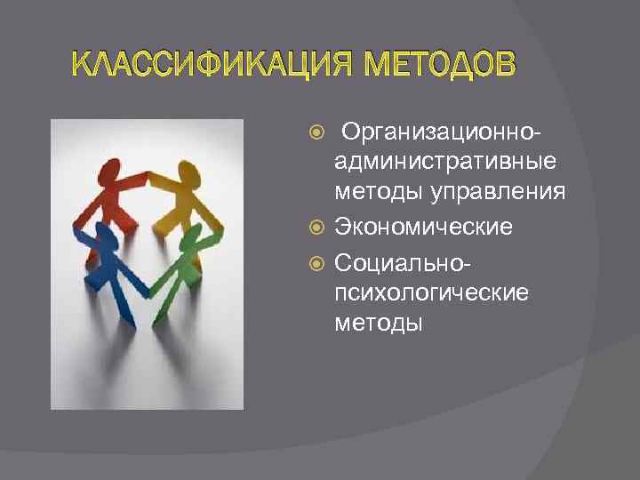 КЛАССИФИКАЦИЯ МЕТОДОВ Организационноадминистративные методы управления Экономические Социальнопсихологические методы 