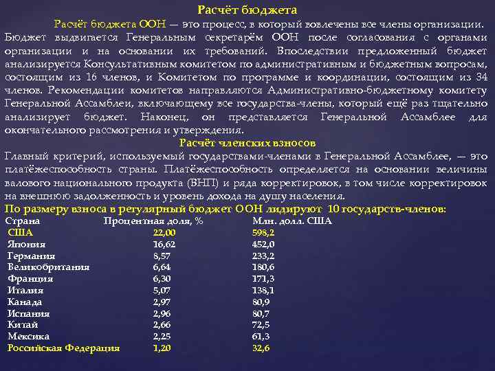 Расчёт бюджета ООН — это процесс, в который вовлечены все члены организации. Бюджет выдвигается