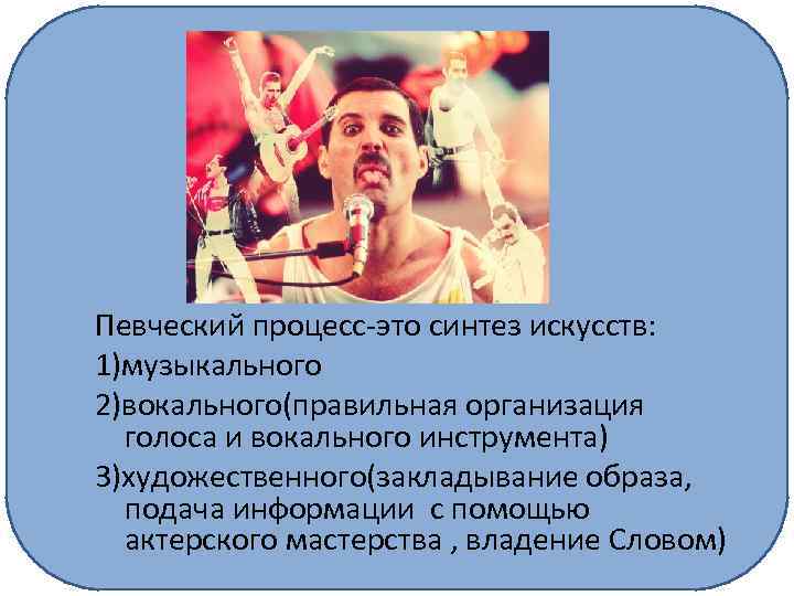 Певческий процесс-это синтез искусств: 1)музыкального 2)вокального(правильная организация голоса и вокального инструмента) 3)художественного(закладывание образа, подача