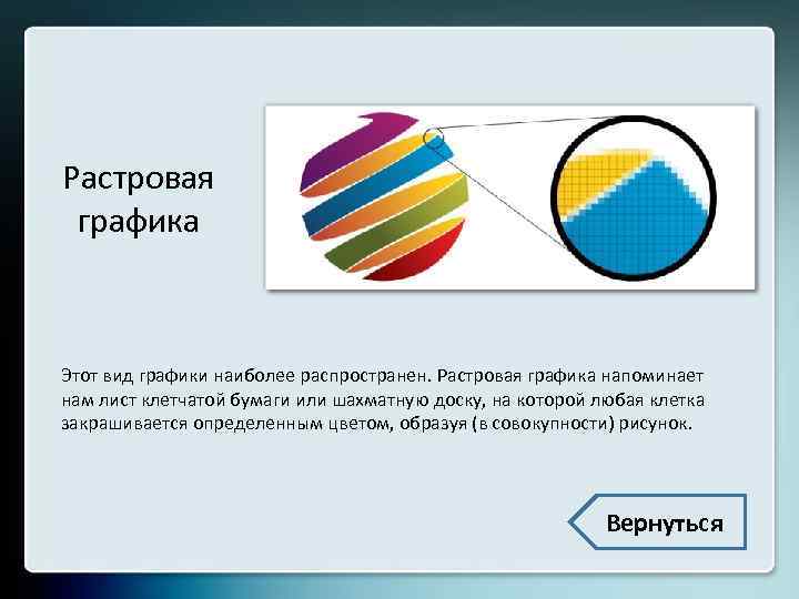 Растровая графика Этот вид графики наиболее распространен. Растровая графика напоминает нам лист клетчатой бумаги