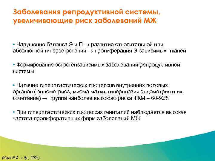 Специализированный семинар Заболевания репродуктивной системы, увеличивающие риск заболеваний МЖ • Нарушение баланса Э и