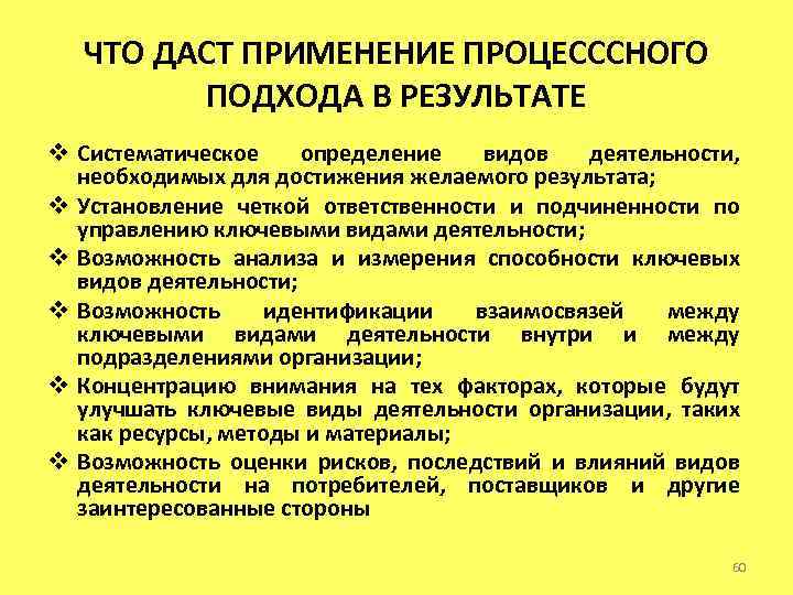 ЧТО ДАСТ ПРИМЕНЕНИЕ ПРОЦЕСССНОГО ПОДХОДА В РЕЗУЛЬТАТЕ v Систематическое определение видов деятельности, необходимых для