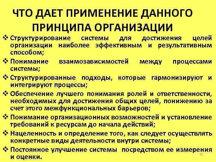 ЧТО ДАЕТ ПРИМЕНЕНИЕ ДАННОГО ПРИНЦИПА ОРГАНИЗАЦИИ v Структурирование системы для достижения целей организации наиболее