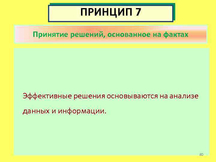 ПРИНЦИП 7 Принятие решений, основанное на фактах Эффективные решения основываются на анализе данных и