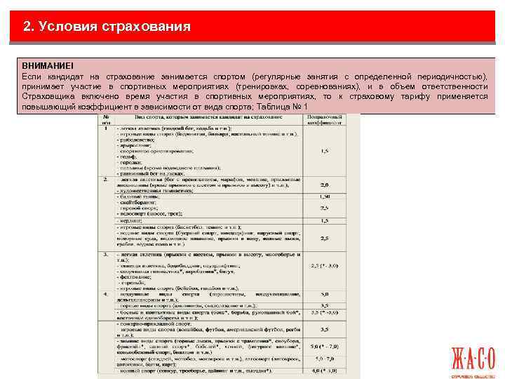 2. Условия страхования ВНИМАНИЕ! Если кандидат на страхование занимается спортом (регулярные занятия с определенной