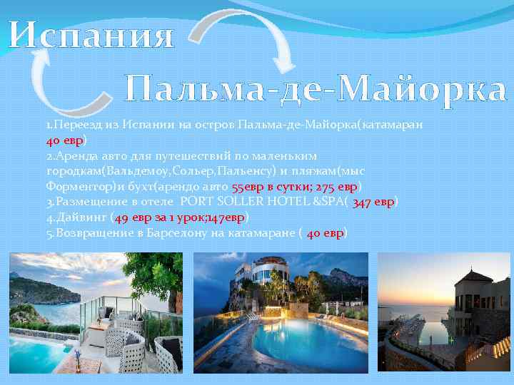 Испания Пальма-де-Майорка 1. Переезд из Испании на остров Пальма-де-Майорка(катамаран 40 евр) 2. Аренда авто