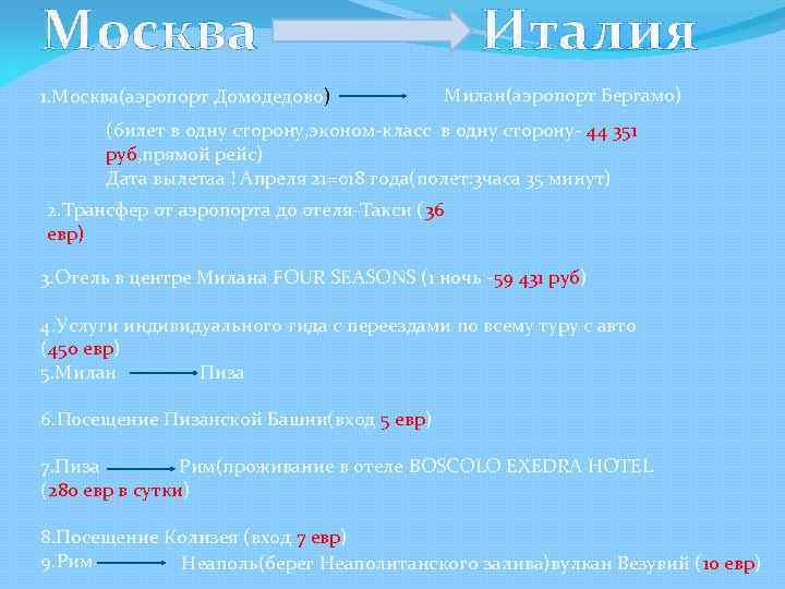 Москва 1. Москва(аэропорт Домодедово) Италия Милан(аэропорт Бергамо) (билет в одну сторону, эконом-класс в одну