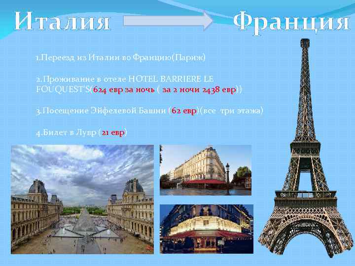 Италия Франция 1. Переезд из Италии во Францию(Париж) 2. Проживание в отеле HOTEL BARRIERE