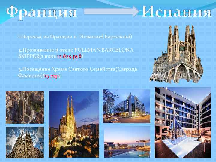 Франция 1. Переезд из Франции в Испанию(Барселона) 2. Проживание в отеле PULLMAN BARCELONA SKIPPER(1