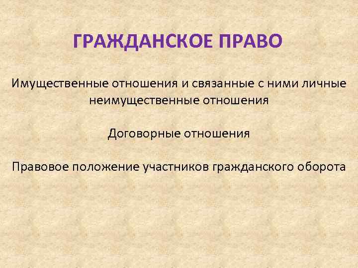 ГРАЖДАНСКОЕ ПРАВО Имущественные отношения и связанные с ними личные неимущественные отношения Договорные отношения Правовое