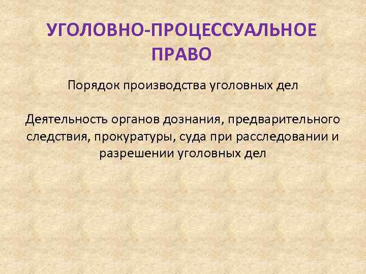 УГОЛОВНО-ПРОЦЕССУАЛЬНОЕ ПРАВО Порядок производства уголовных дел Деятельность органов дознания, предварительного следствия, прокуратуры, суда при