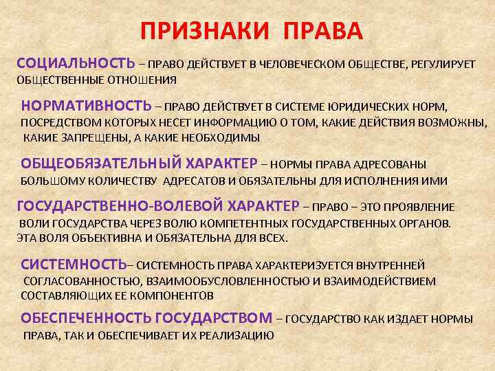 ПРИЗНАКИ ПРАВА СОЦИАЛЬНОСТЬ – ПРАВО ДЕЙСТВУЕТ В ЧЕЛОВЕЧЕСКОМ ОБЩЕСТВЕ, РЕГУЛИРУЕТ ОБЩЕСТВЕННЫЕ ОТНОШЕНИЯ НОРМАТИВНОСТЬ –