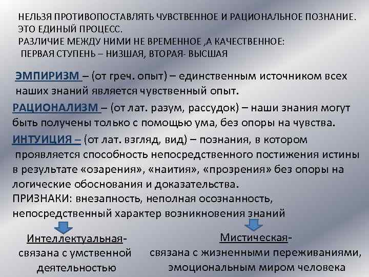 НЕЛЬЗЯ ПРОТИВОПОСТАВЛЯТЬ ЧУВСТВЕННОЕ И РАЦИОНАЛЬНОЕ ПОЗНАНИЕ. ЭТО ЕДИНЫЙ ПРОЦЕСС. РАЗЛИЧИЕ МЕЖДУ НИМИ НЕ ВРЕМЕННОЕ