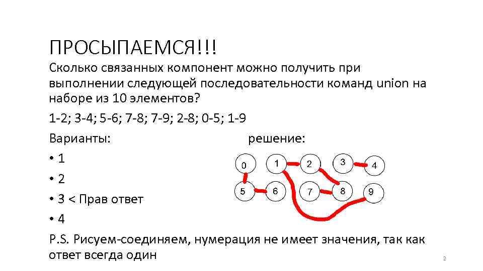 ПРОСЫПАЕМСЯ!!! Сколько связанных компонент можно получить при выполнении следующей последовательности команд union на наборе