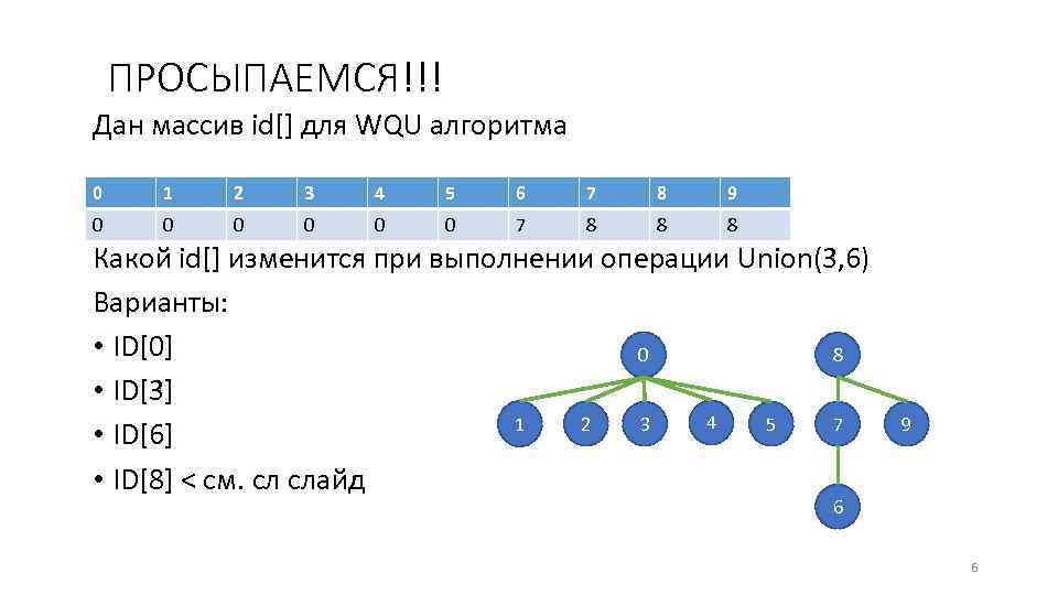 ПРОСЫПАЕМСЯ!!! Дан массив id[] для WQU алгоритма 0 1 2 3 4 5 6