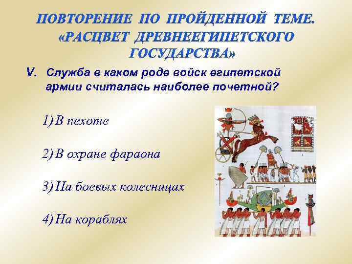 V. Служба в каком роде войск египетской армии считалась наиболее почетной? 1) В пехоте