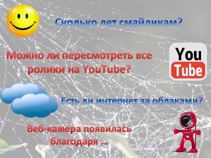 Можно ли пересмотреть все ролики на You. Tube? Веб-камера появилась благодаря … 