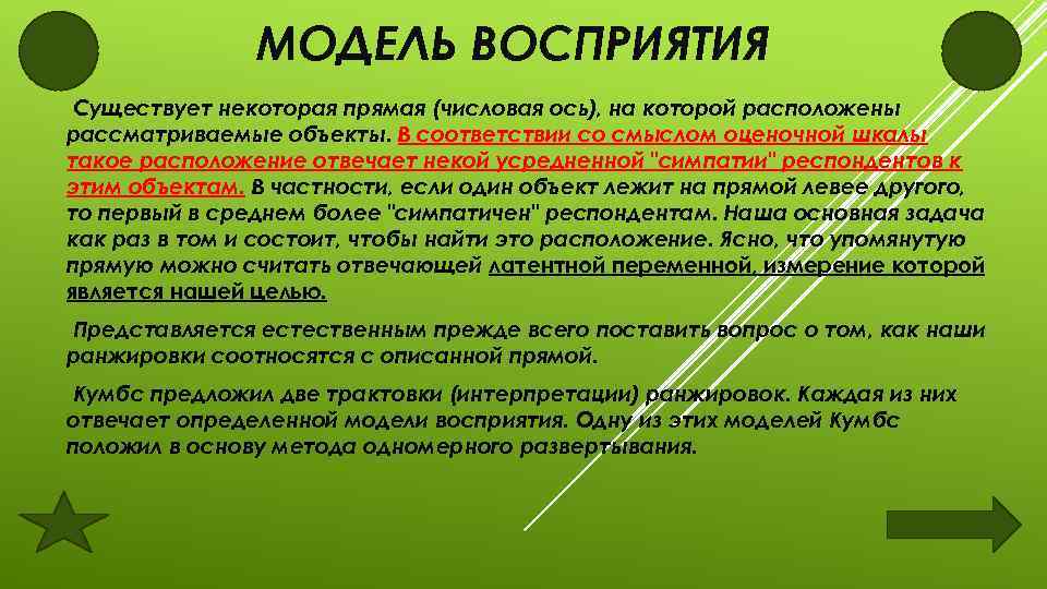 МОДЕЛЬ ВОСПРИЯТИЯ Существует некоторая прямая (числовая ось), на которой расположены рассматриваемые объекты. В соответствии
